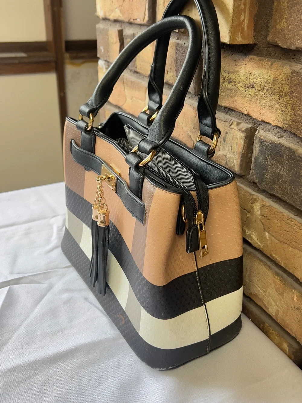 Striped Tan & Black Women's Satchel with Matching Wallet